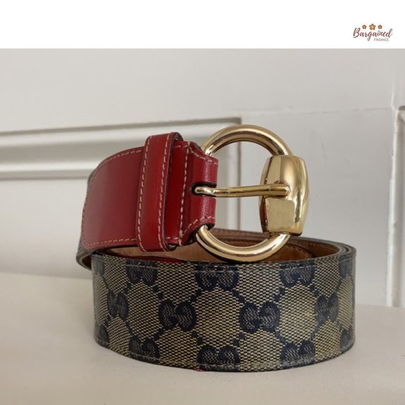 Auth GUCCI Beige/Blue/Red GG Crystal Coated Canvas Horsebit Buckle Belt 85/34